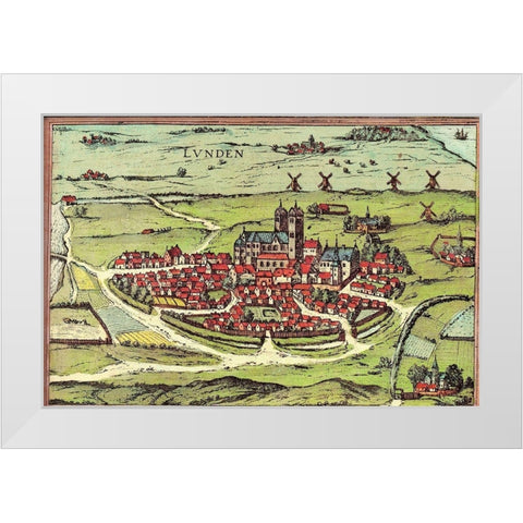 Lund Sweden White Modern Wood Framed Art Print by Hogenberg, Braun