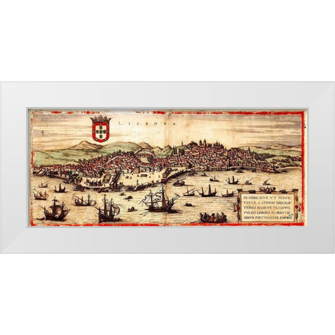 Lisbon Portugal White Modern Wood Framed Art Print by Hogenberg, Braun