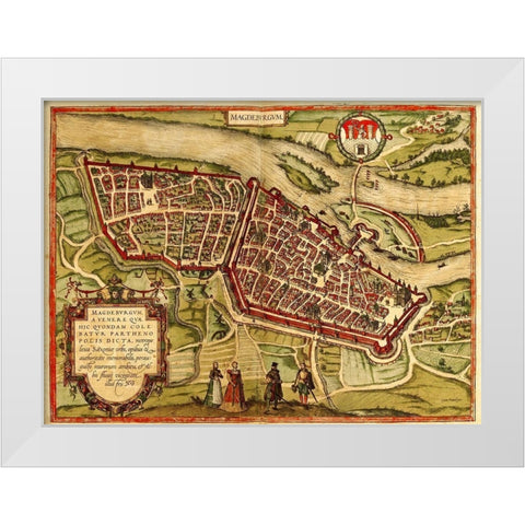 Magdeburg Germany White Modern Wood Framed Art Print by Hogenberg, Braun