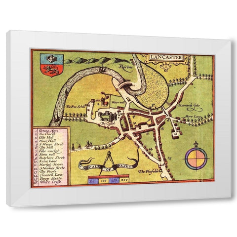 Lancaster England White Modern Wood Framed Art Print by Hogenberg, Braun