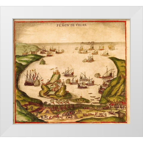 Penon de Velez de la Gomera White Modern Wood Framed Art Print by Hogenberg, Braun