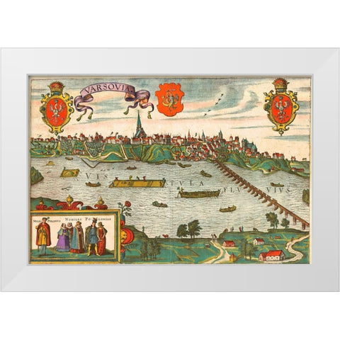Warsaw Poland White Modern Wood Framed Art Print by Hogenberg, Braun