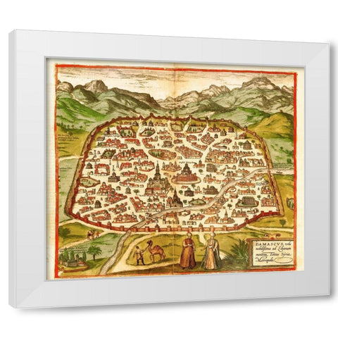 Damascus Syria White Modern Wood Framed Art Print by Hogenberg, Braun