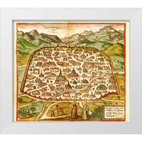 Damascus Syria White Modern Wood Framed Art Print by Hogenberg, Braun