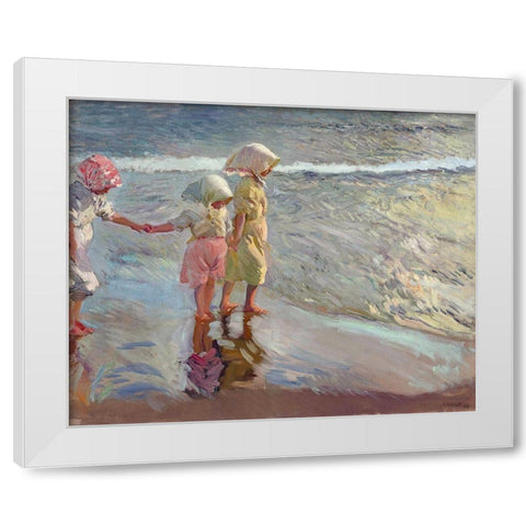 The three sisters on the beach White Modern Wood Framed Art Print by Sorolla, Joaquin