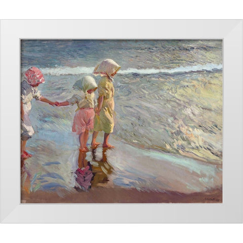 The three sisters on the beach White Modern Wood Framed Art Print by Sorolla, Joaquin