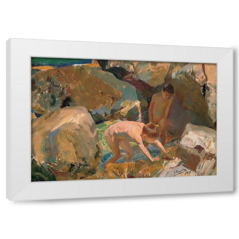 Children Looking For Shellfish White Modern Wood Framed Art Print by Sorolla, Joaquin