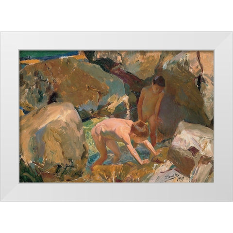Children Looking For Shellfish White Modern Wood Framed Art Print by Sorolla, Joaquin