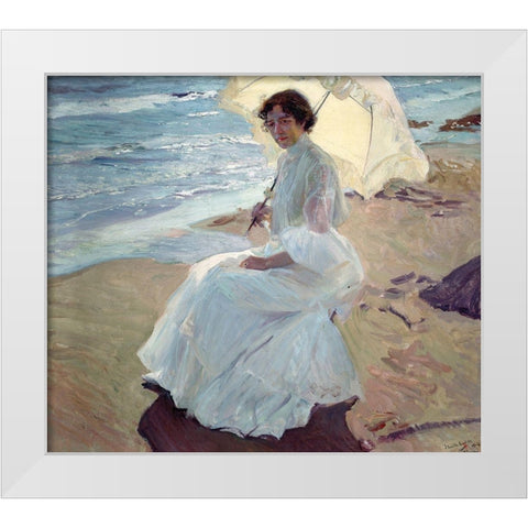 Clotilde on the Beach White Modern Wood Framed Art Print by Sorolla, Joaquin
