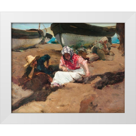 Mending the Nets White Modern Wood Framed Art Print by Sorolla, Joaquin