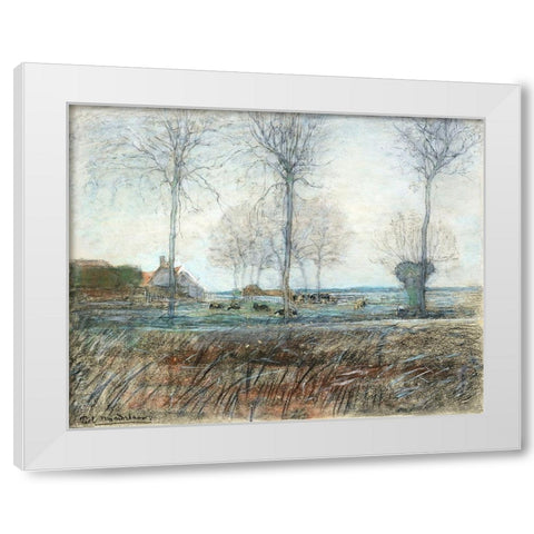 Farm Setting-Three Tall Trees in the Foreground White Modern Wood Framed Art Print by Mondrian, Piet