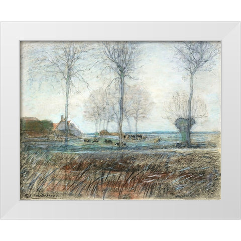 Farm Setting-Three Tall Trees in the Foreground White Modern Wood Framed Art Print by Mondrian, Piet