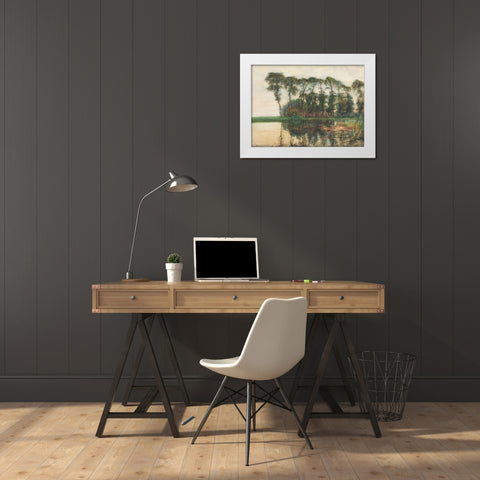 Farmstead along the water screened by nine tall trees White Modern Wood Framed Art Print by Mondrian, Piet