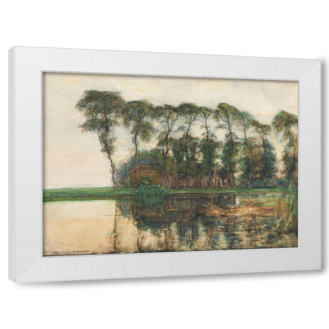 Farmstead along the water screened by nine tall trees White Modern Wood Framed Art Print by Mondrian, Piet
