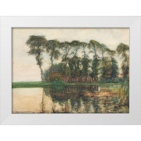 Farmstead along the water screened by nine tall trees White Modern Wood Framed Art Print by Mondrian, Piet