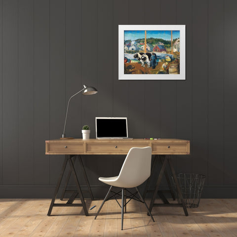 Ox Team-Wharf at Matinicus White Modern Wood Framed Art Print by Bellows, George