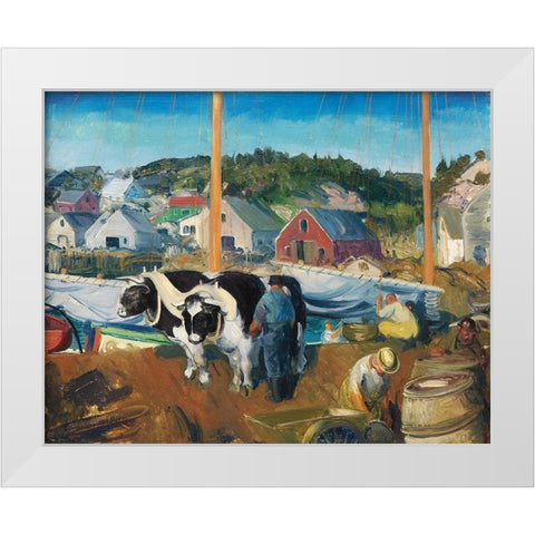 Ox Team-Wharf at Matinicus White Modern Wood Framed Art Print by Bellows, George