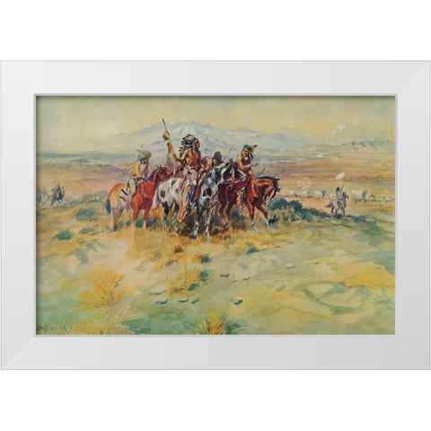 Intercepted Wagon Train White Modern Wood Framed Art Print by Russell, Charles Marion
