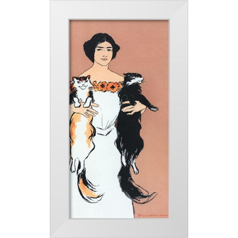 Woman Holding Cats White Modern Wood Framed Art Print by Penfield, Edward