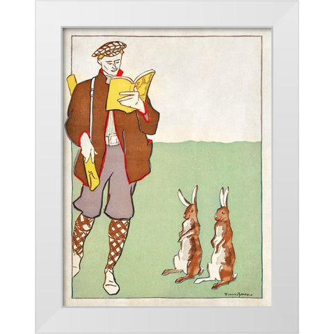 Man reading a book with Hares White Modern Wood Framed Art Print by Penfield, Edward