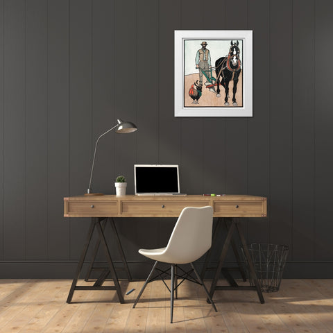 Man with Rooster and Horse White Modern Wood Framed Art Print by Penfield, Edward