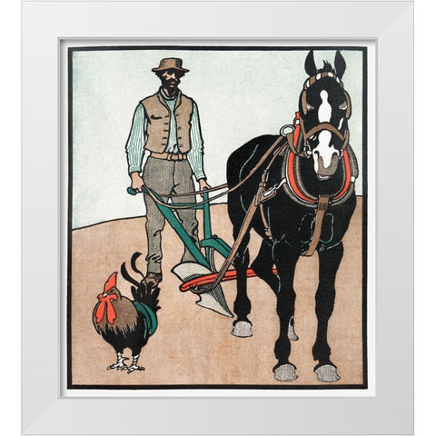 Man with Rooster and Horse White Modern Wood Framed Art Print by Penfield, Edward