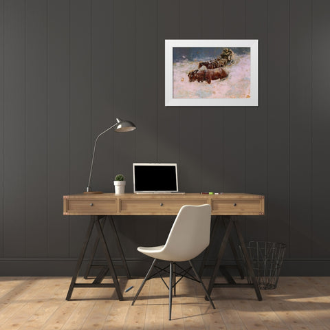 A Snowbound Christmas on the Overland Coach White Modern Wood Framed Art Print by Remington, Frederic