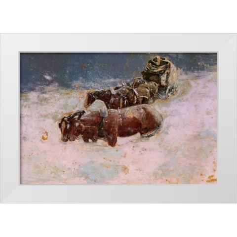 A Snowbound Christmas on the Overland Coach White Modern Wood Framed Art Print by Remington, Frederic