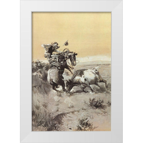 A Moment of Great Peril in a Cowboys Career White Modern Wood Framed Art Print by Russell, Charles Marion