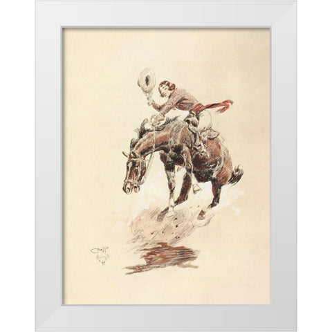 Bucking Horse and Cowgirl White Modern Wood Framed Art Print by Russell, Charles Marion