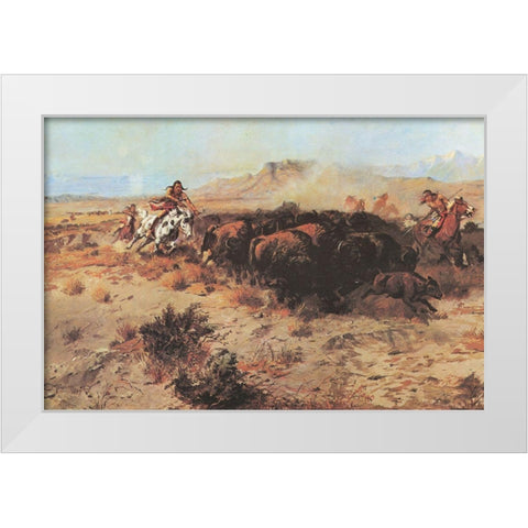 The Buffalo Hunt No 26 White Modern Wood Framed Art Print by Russell, Charles Marion