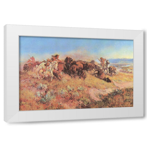 The Buffalo Hunt No 40 White Modern Wood Framed Art Print by Russell, Charles Marion