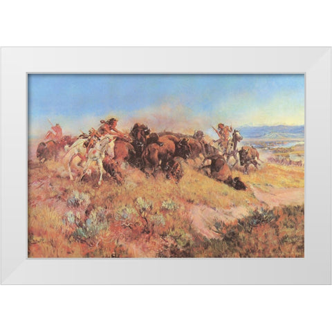 The Buffalo Hunt No 40 White Modern Wood Framed Art Print by Russell, Charles Marion