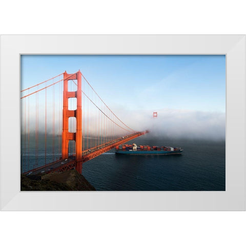 Fog rolls across the Golden Gate Bridge in San Francisco  White Modern Wood Framed Art Print by Highsmith, Carol