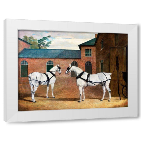 Grey carriage horses in the coachyard at Putteridge Bury-Hertfordshire White Modern Wood Framed Art Print by Herring, John Frederick