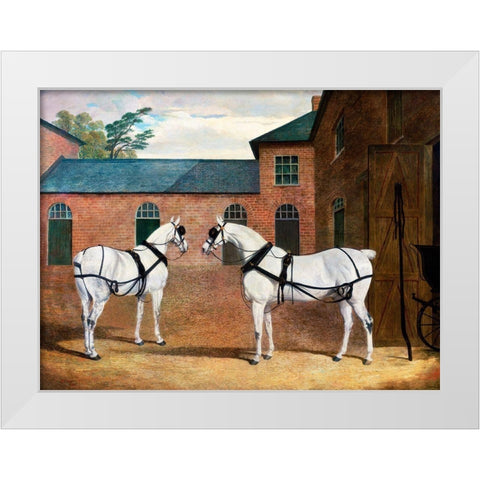 Grey carriage horses in the coachyard at Putteridge Bury-Hertfordshire White Modern Wood Framed Art Print by Herring, John Frederick