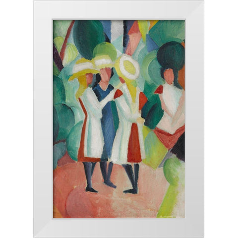 Three girls in yellow straw hats White Modern Wood Framed Art Print by Macke, August
