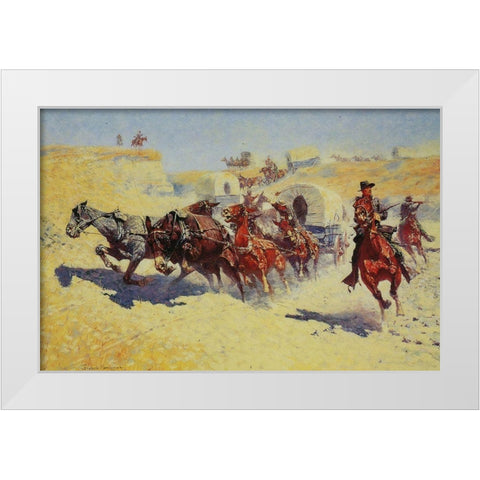 Attack on the Supply Wagons White Modern Wood Framed Art Print by Remington, Frederic