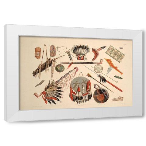 Indian utensils and arms White Modern Wood Framed Art Print by Bodmer, Karl