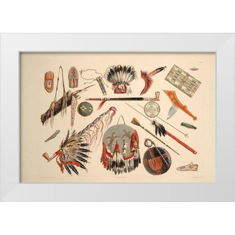 Indian utensils and arms White Modern Wood Framed Art Print by Bodmer, Karl