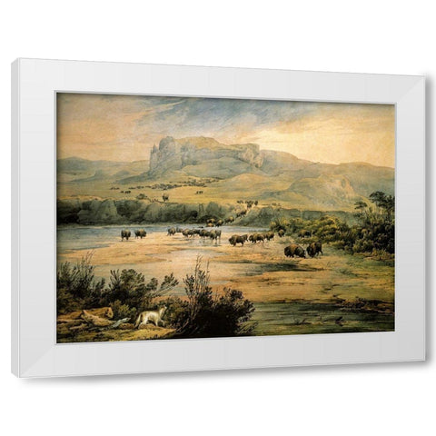 Landscape with buffalo on the upper Missouri White Modern Wood Framed Art Print by Bodmer, Karl