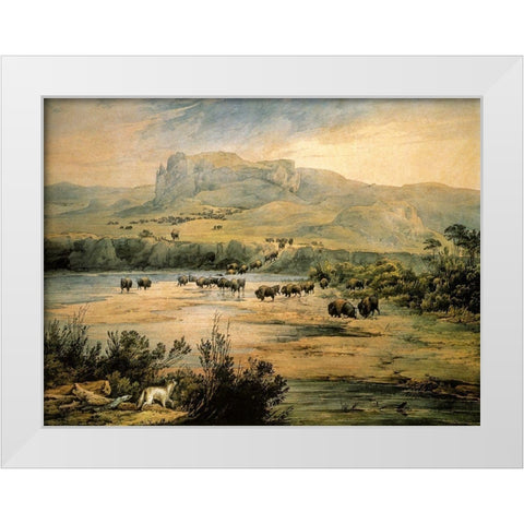 Landscape with buffalo on the upper Missouri White Modern Wood Framed Art Print by Bodmer, Karl