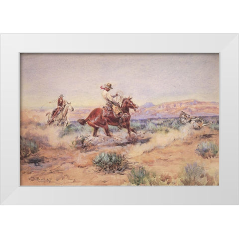 Roping a Wolf by the neck White Modern Wood Framed Art Print by Russell, Charles Marion