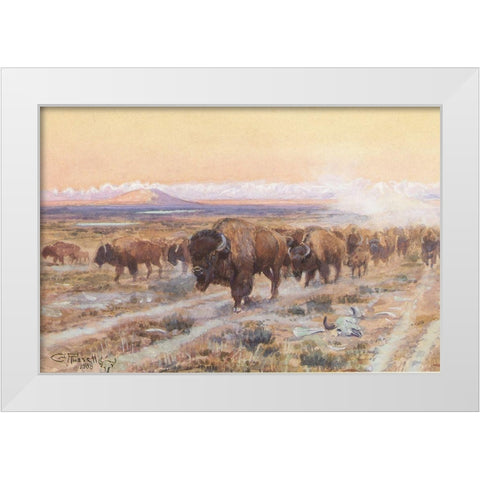 The Bison Trail White Modern Wood Framed Art Print by Russell, Charles Marion