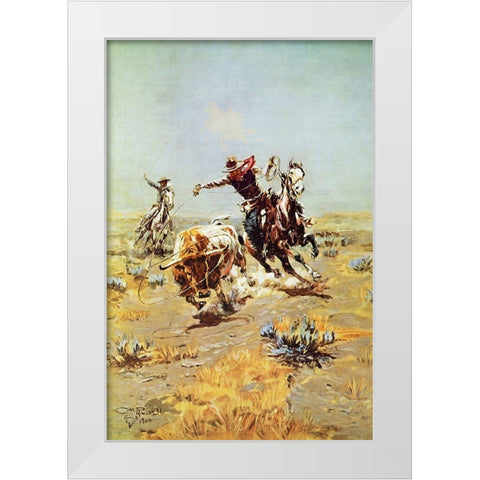 Cowboy Roping a Steer White Modern Wood Framed Art Print by Russell, Charles Marion