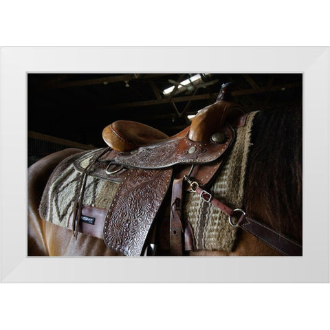 Western saddle White Modern Wood Framed Art Print by The Yellowstone Collection