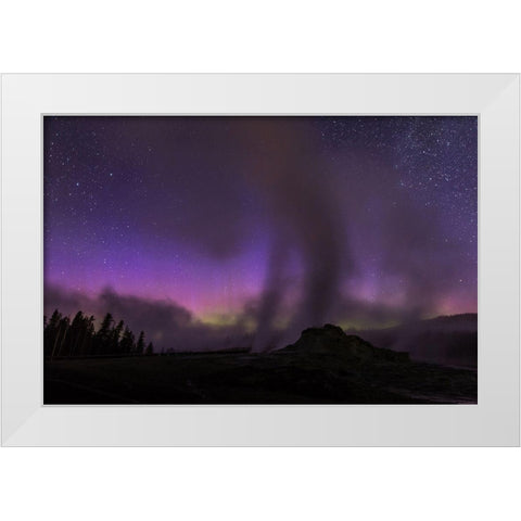 Aurora borealis I, Upper Geyser Basin, Yellowstone National Park White Modern Wood Framed Art Print by The Yellowstone Collection