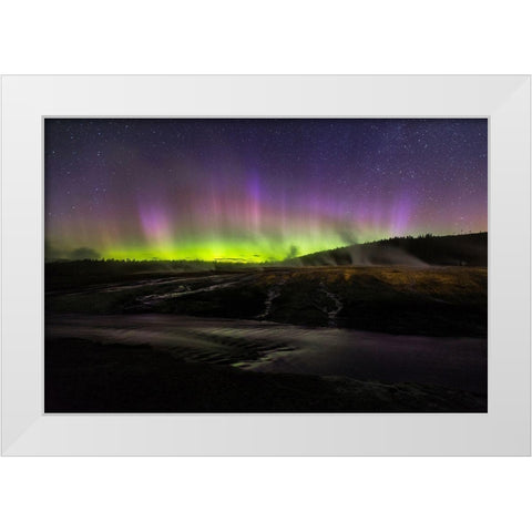 Aurora borealis III, Upper Geyser Basin, Yellowstone National Park White Modern Wood Framed Art Print by The Yellowstone Collection