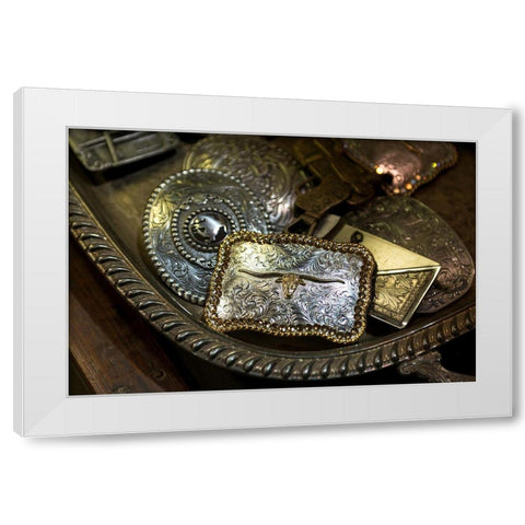 Cowboy Buckles White Modern Wood Framed Art Print by The Yellowstone Collection