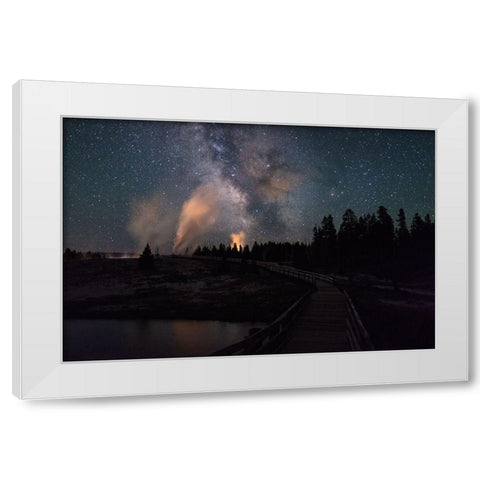Milky Way and Castle Geyser over the Firehole River, Yellowstone National Park White Modern Wood Framed Art Print by Frank, Jacob W.